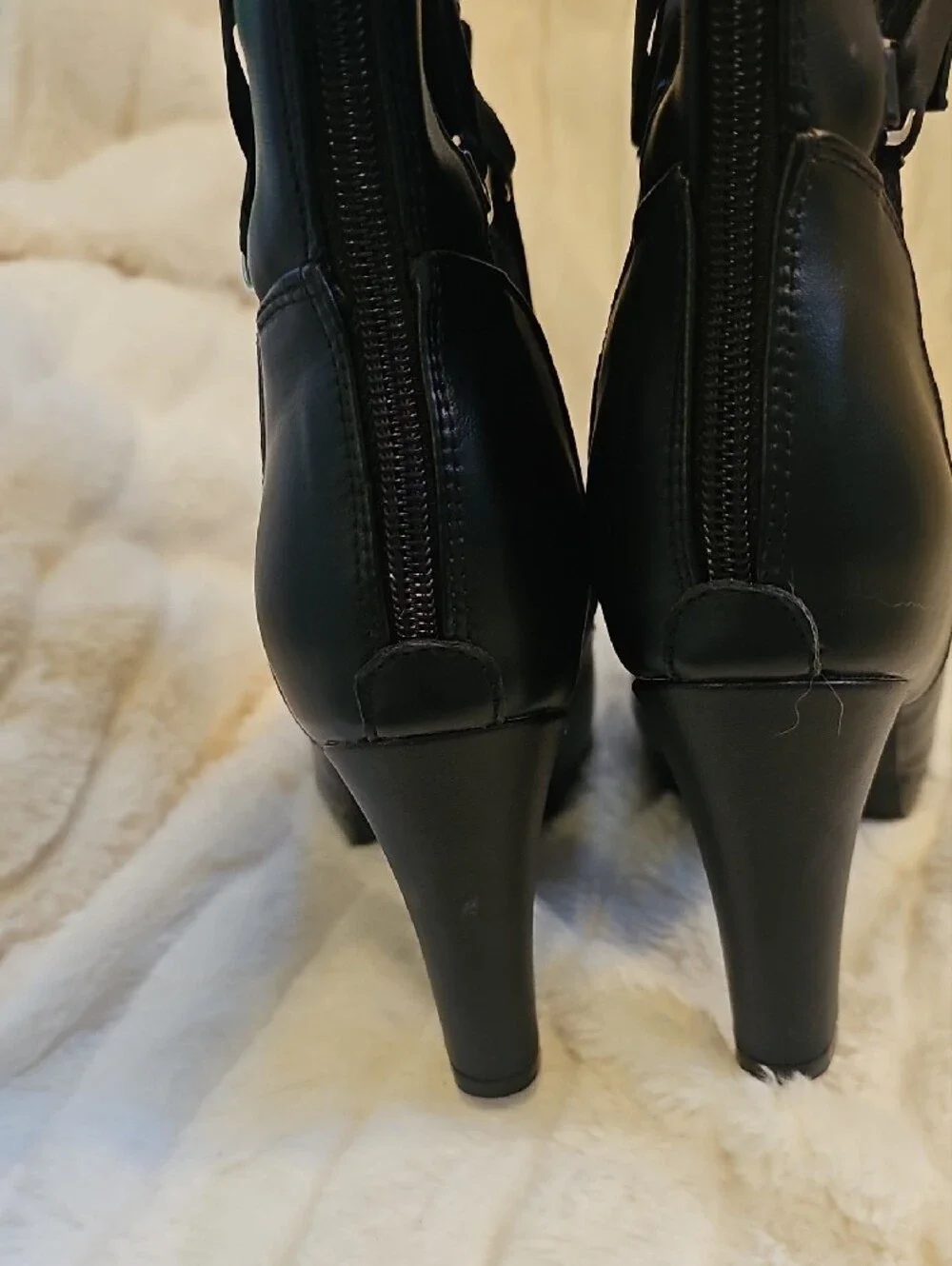 Black Knee High Lace-Up Heeled Boots with Buckle Straps